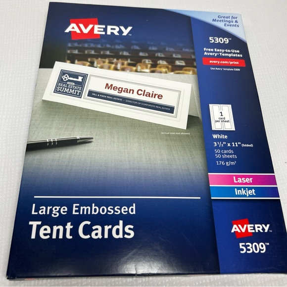 New Avery Ink Jet Large Tent Cards Embossed White 3.5" x 11 50 Cards #5309 - Picture 1 of 5